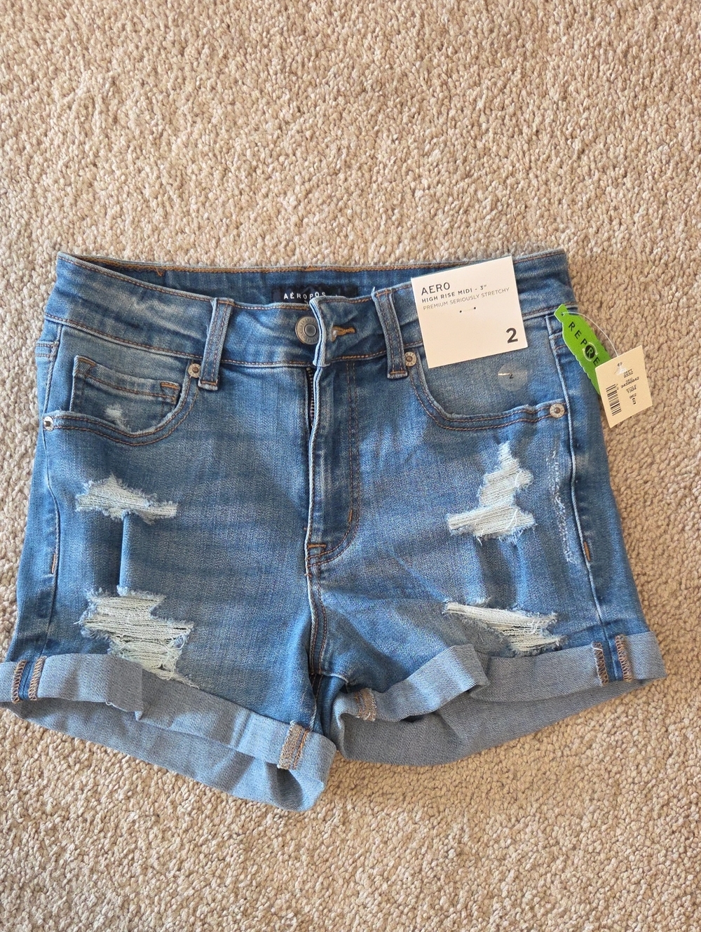Aeropostale Blue Distressed Rolled-Hem High Rise Midi 3" Denim Shorts Size 2